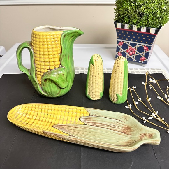 Other - Vintage Set of Corn in Husk Pottery of Jug Platter Salt & Pepper Shakers Rare